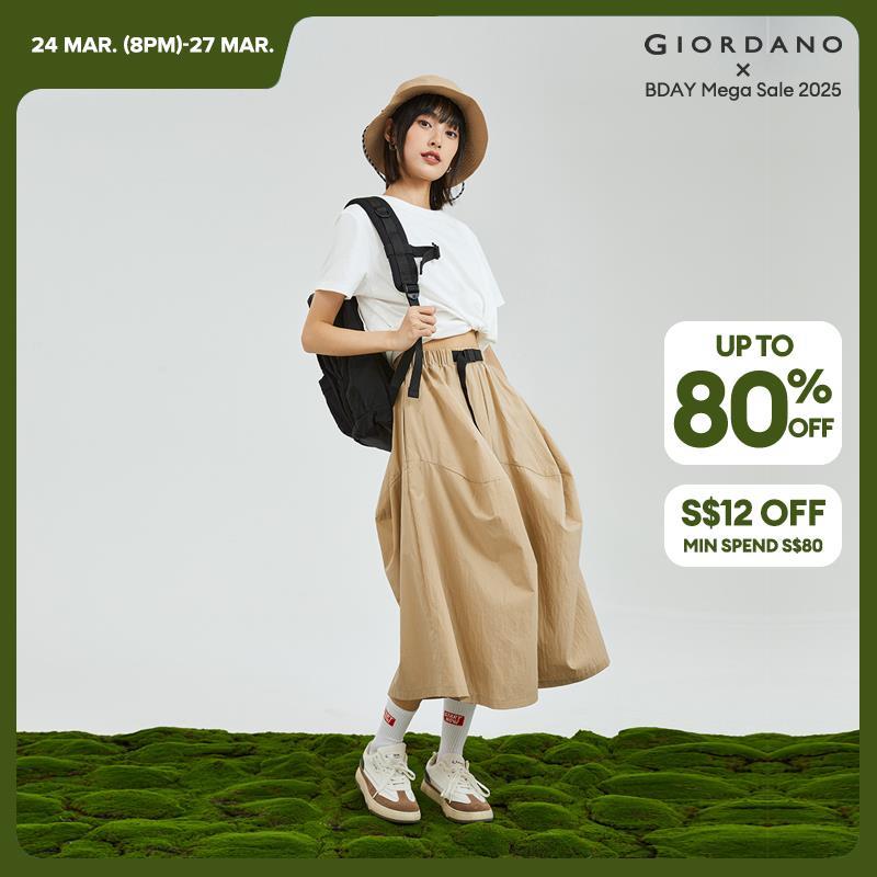 GIORDANO Women Pants Buckle Strap Elastic Waist Pants Lightweight Drape Simple Fashion Relaxed Casual Loose Crop Pants 18423606