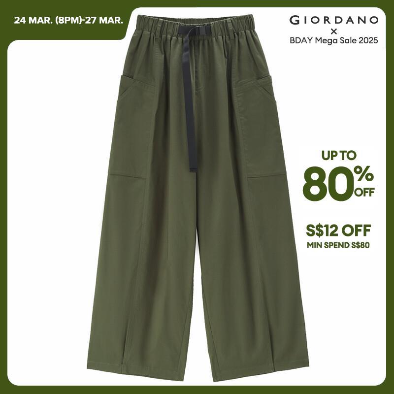 GIORDANO Women Pants Belted Elastic Waist Wide Leg Cargo Pants Big Pockets Ankle Length Relaxed Fashion Casual Pants 18423607 · v2