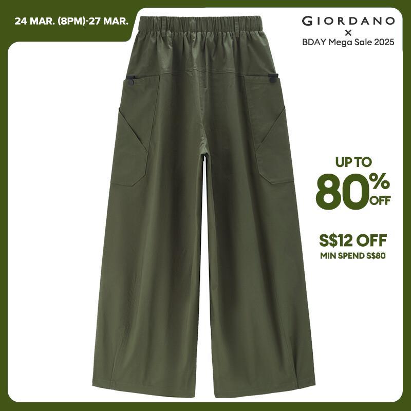 GIORDANO Women Pants Belted Elastic Waist Wide Leg Cargo Pants Big Pockets Ankle Length Relaxed Fashion Casual Pants 18423607 · v2