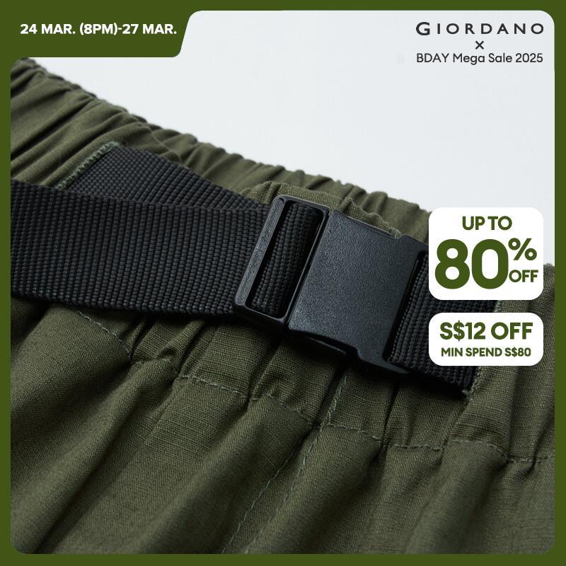 GIORDANO Women Pants Belted Elastic Waist Wide Leg Cargo Pants Big Pockets Ankle Length Relaxed Fashion Casual Pants 18423607 · v2