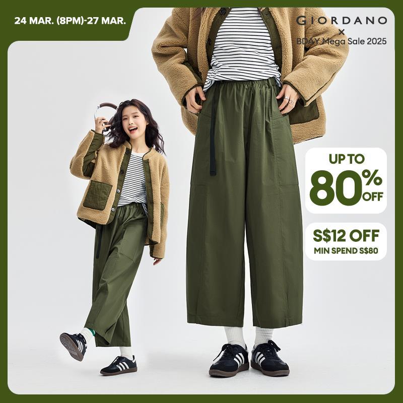 GIORDANO Women Pants Belted Elastic Waist Wide Leg Cargo Pants Big Pockets Ankle Length Relaxed Fashion Casual Pants 18423607 · v2