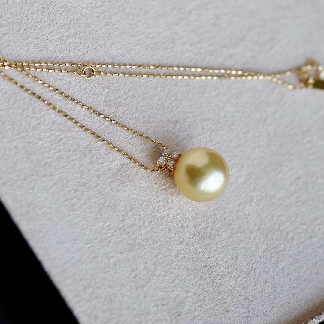 Montagne Jewelry Halskette aus 18 Karat reinem Gold für Damen, vierteiliger feiner Schmuck mit Diamanteneinsatz, natürliche 10—11 mm große Südseeperlen