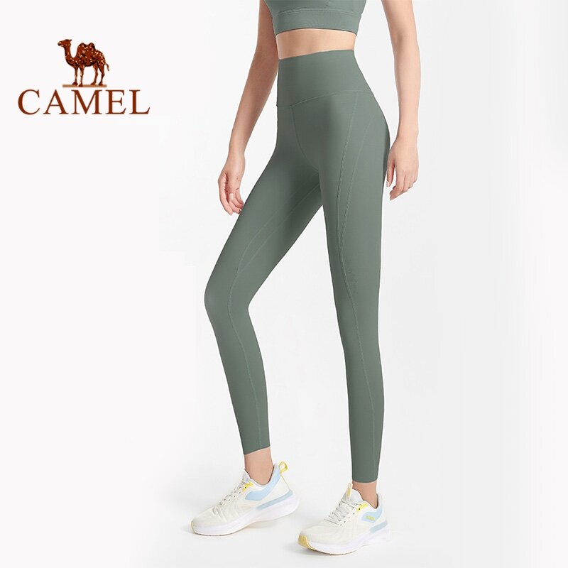 Pantaloni da yoga in lycra da donna color cammello e leggings da palestra senza cuciture