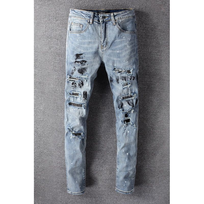 Amiri ink-piercing jeans men's fashionable Diamond-embedded patch slim-fit pants · v2