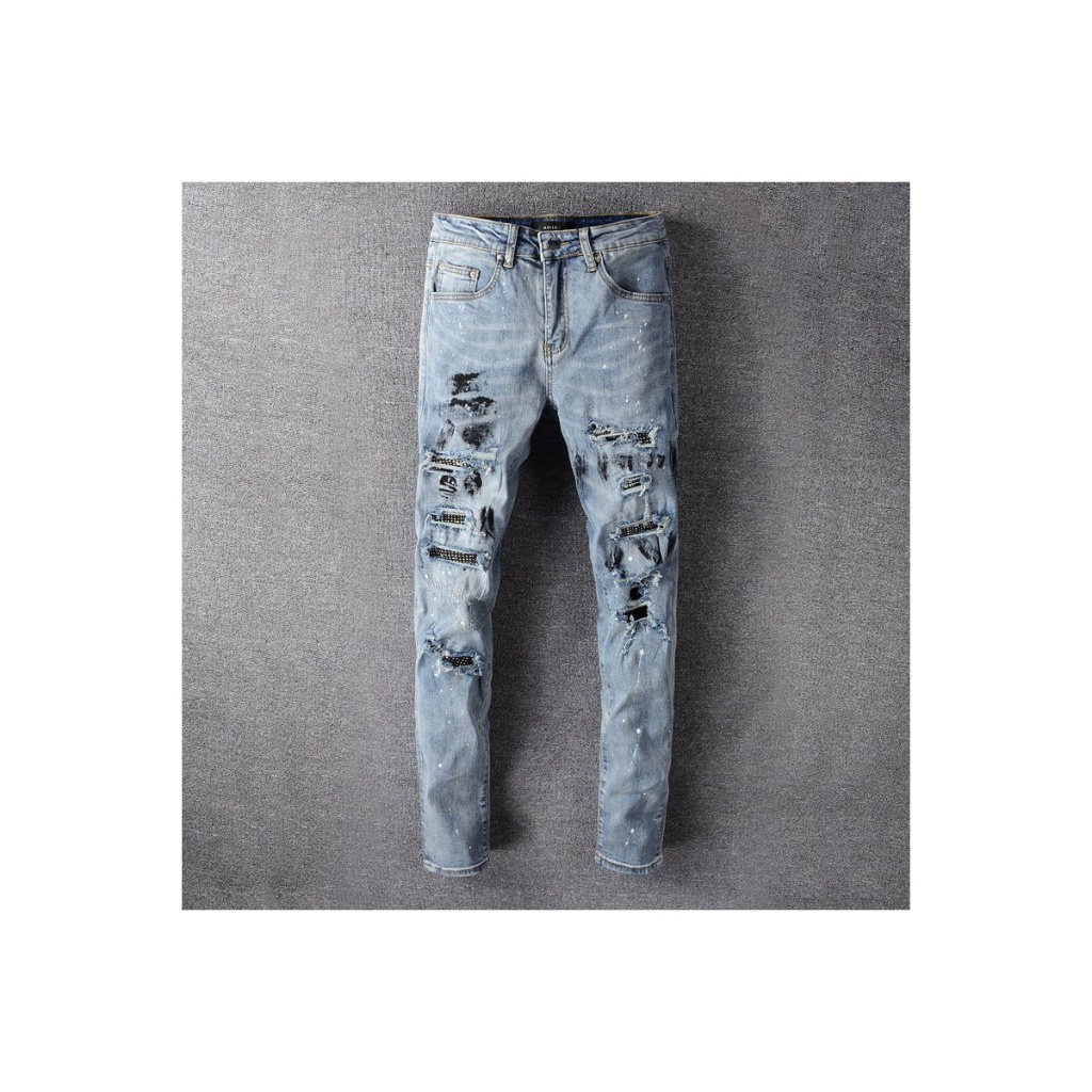 Amiri ink-piercing jeans men's fashionable Diamond-embedded patch slim-fit pants · v2