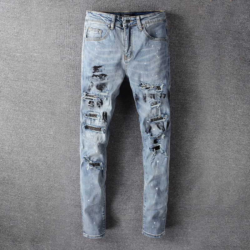 Amiri ink-piercing jeans men's fashionable Diamond-embedded patch slim-fit pants · v2