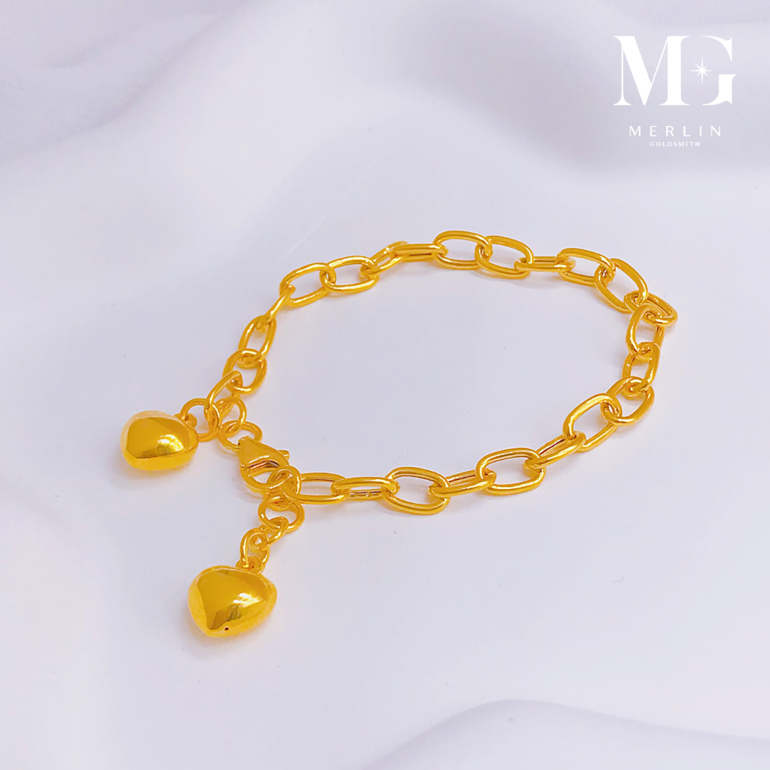 Merlin Goldsmith 22K 916 Gold Adjustable Kids Bracelet - Glossy Link Chain with Dangle Puffed Heart · v3