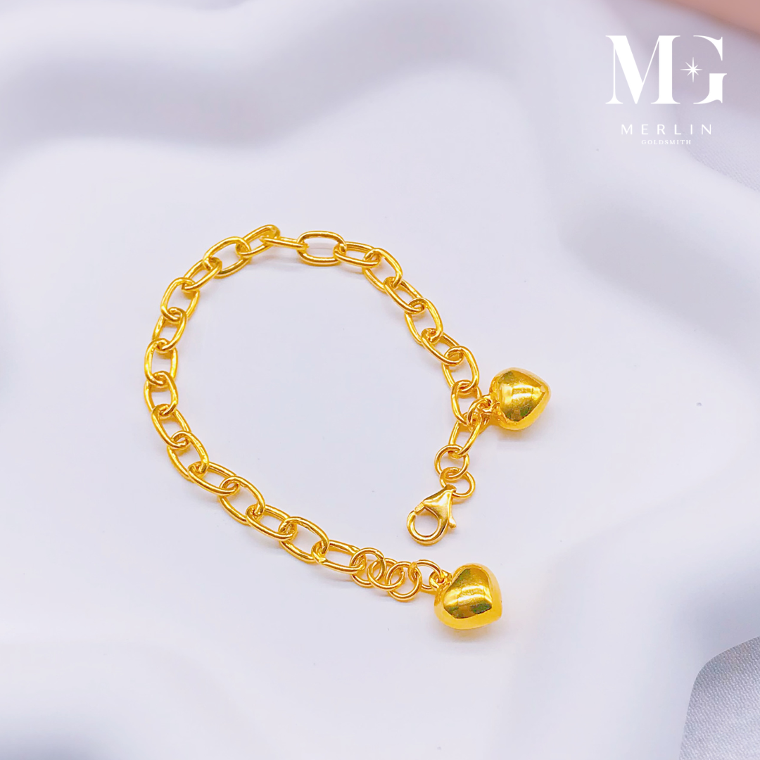 Merlin Goldsmith 22K 916 Gold Adjustable Kids Bracelet - Glossy Link Chain with Dangle Puffed Heart · v3