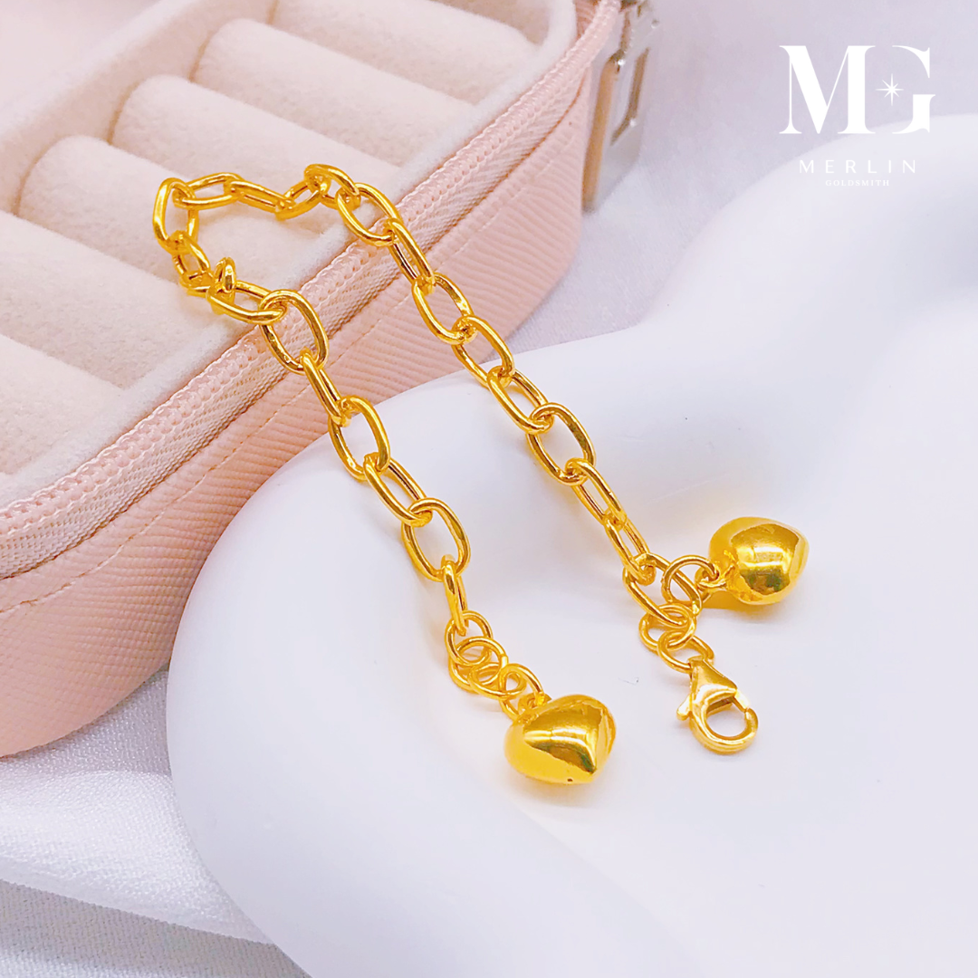 Merlin Goldsmith 22K 916 Gold Adjustable Kids Bracelet - Glossy Link Chain with Dangle Puffed Heart · v3
