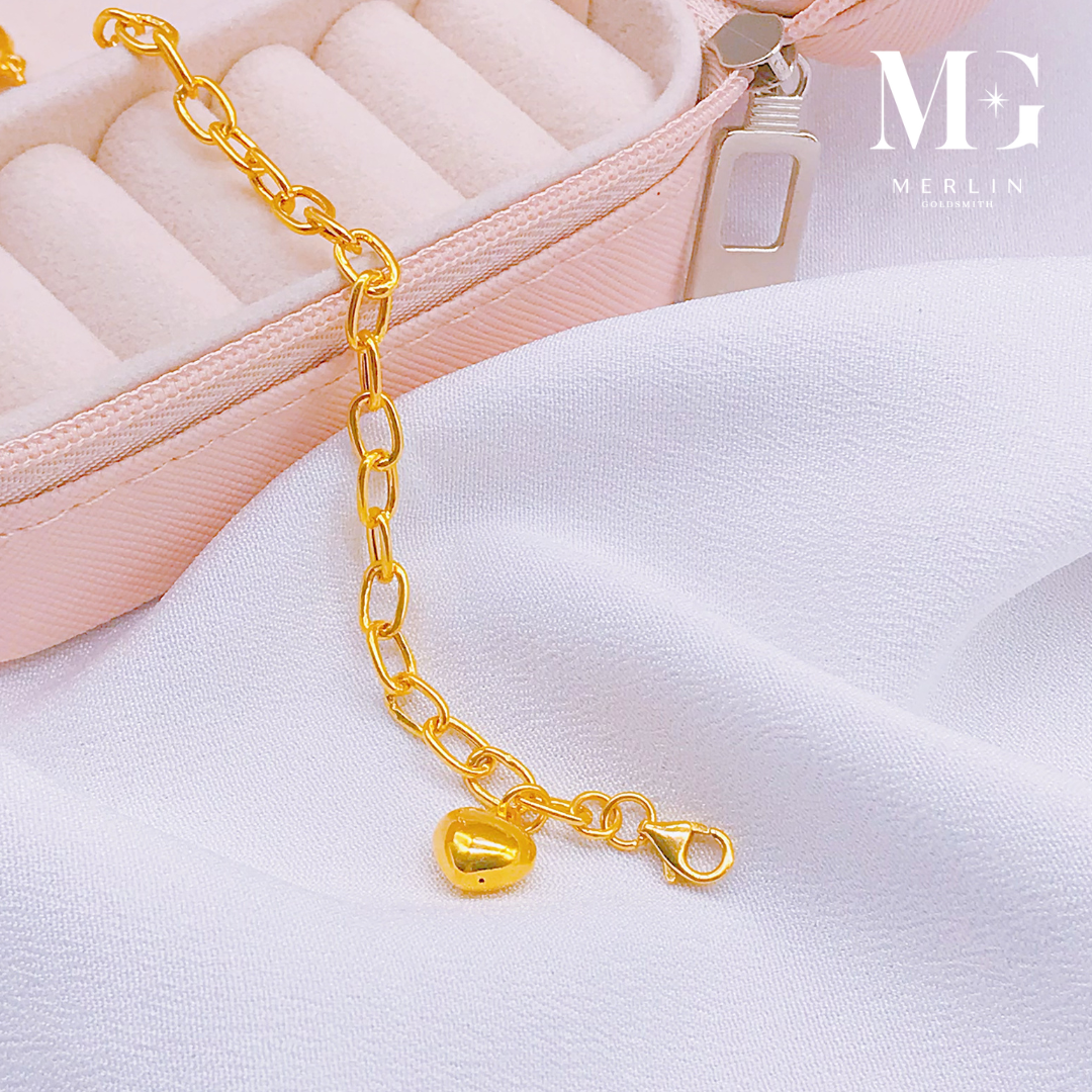 Merlin Goldsmith 22K 916 Gold Adjustable Kids Bracelet - Glossy Link Chain with Dangle Puffed Heart · v3