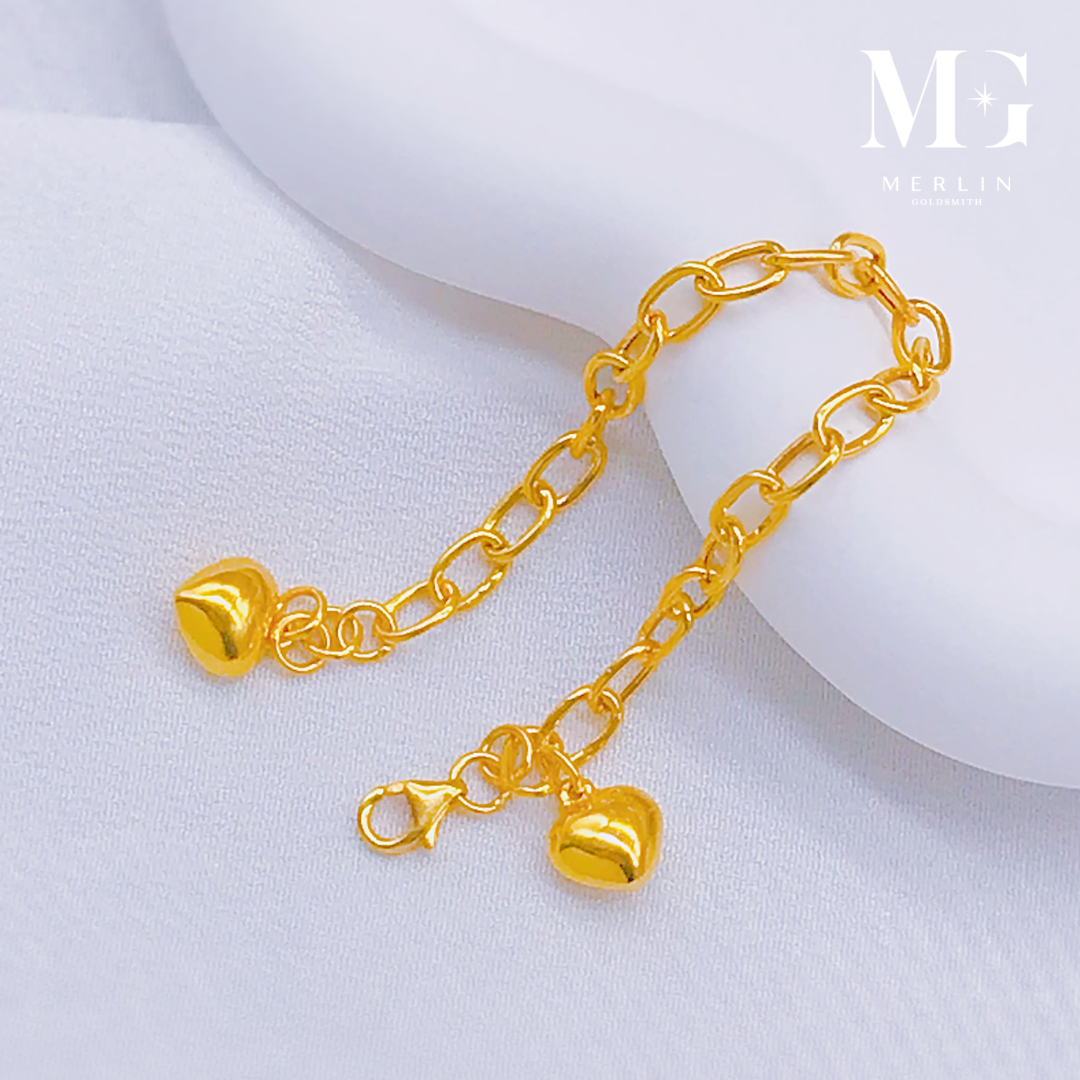 Merlin Goldsmith 22K 916 Gold Adjustable Kids Bracelet - Glossy Link Chain with Dangle Puffed Heart · v3