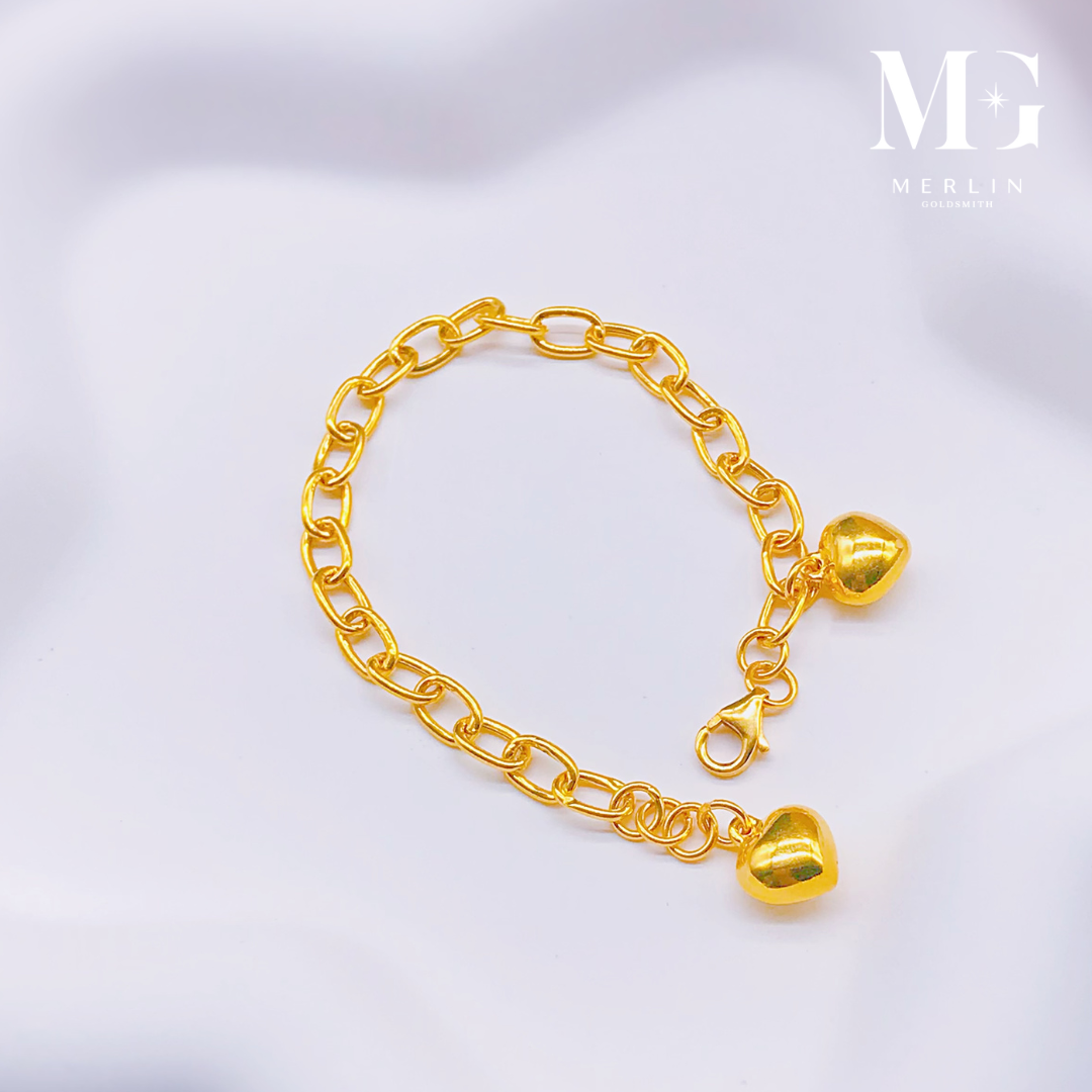 Merlin Goldsmith 22K 916 Gold Adjustable Kids Bracelet - Glossy Link Chain with Dangle Puffed Heart · v3