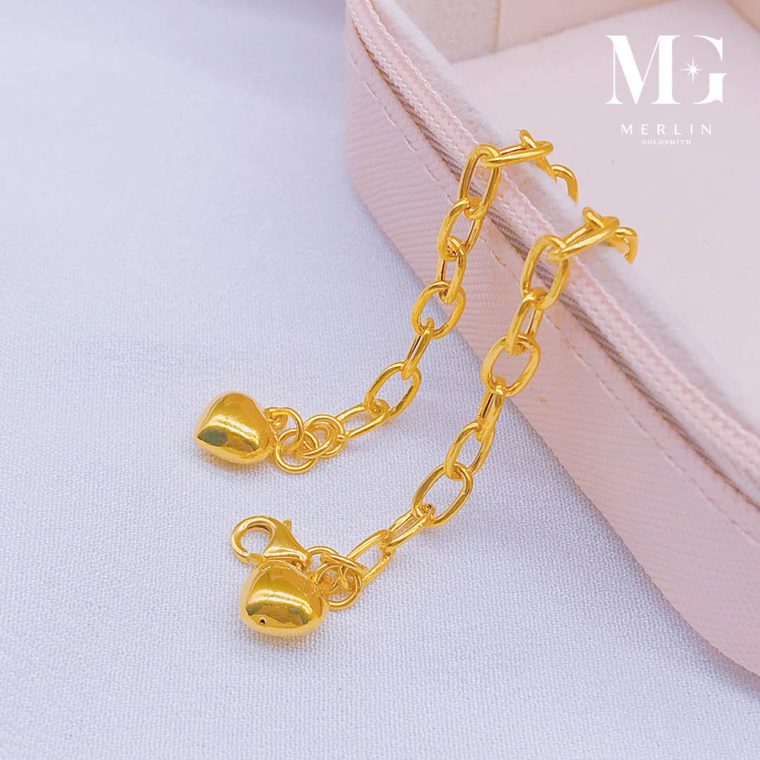 Merlin Goldsmith 22K 916 Gold Adjustable Kids Bracelet - Glossy Link Chain with Dangle Puffed Heart · v3