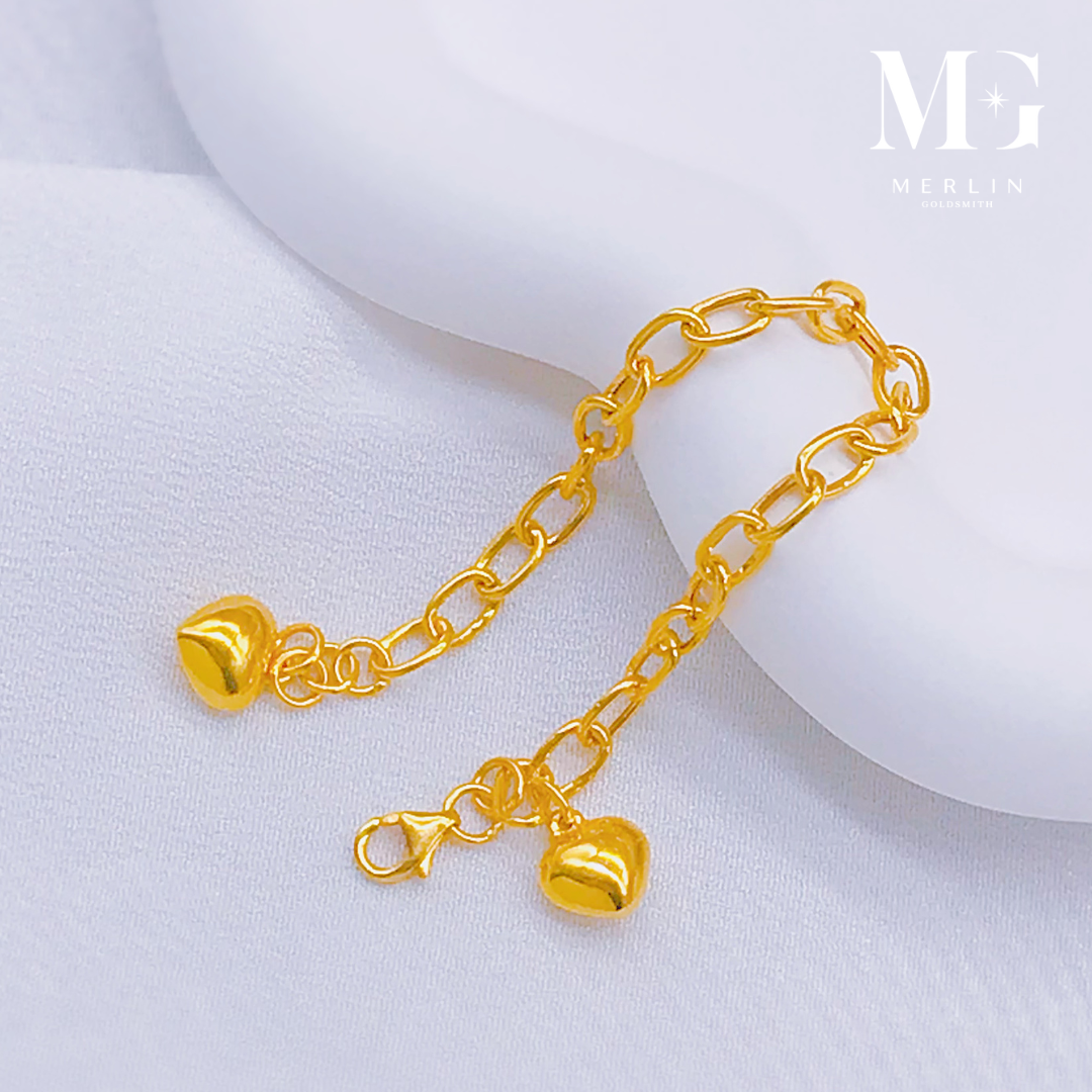 Merlin Goldsmith 22K 916 Gold Adjustable Kids Bracelet - Glossy Link Chain with Dangle Puffed Heart · v3