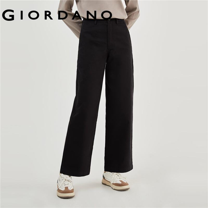 GIORDANO Women Pants Big Pockets Simpple Solid Color Pants 100% Cotton Wide Leg Ankle Length Fashion Casual Pants 05423670 · v2