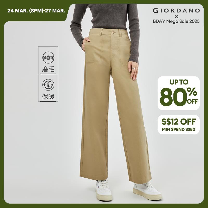 GIORDANO Women Pants Big Pockets Simpple Solid Color Pants 100% Cotton Wide Leg Ankle Length Fashion Casual Pants 05423670 · v2