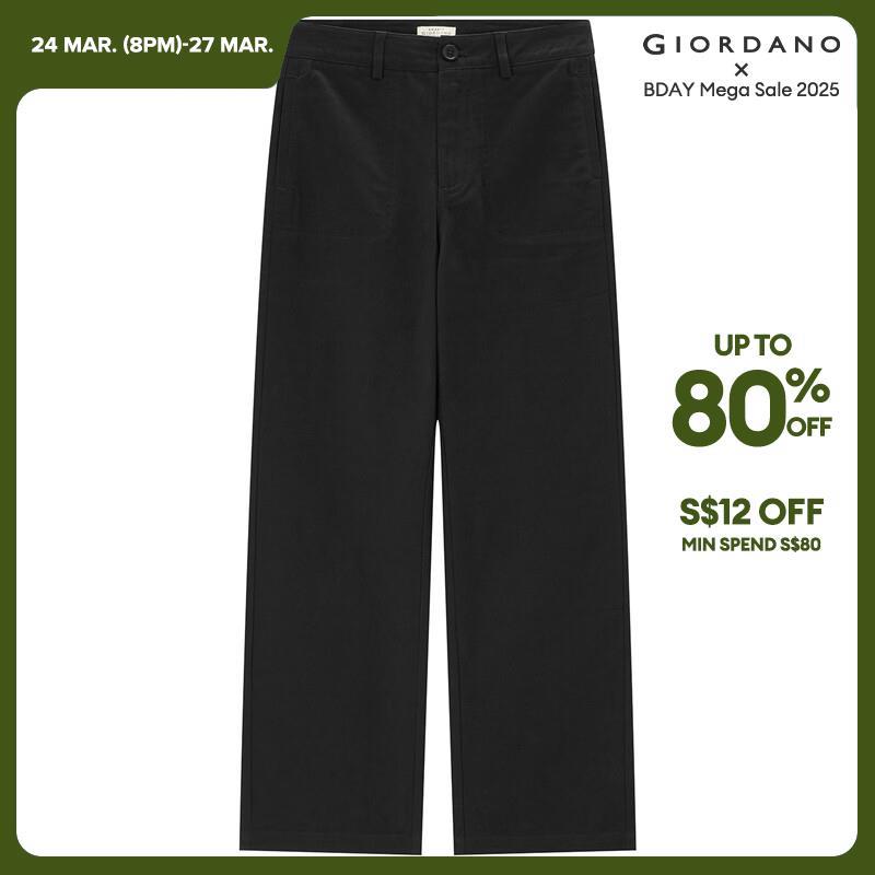 GIORDANO Women Pants Big Pockets Simpple Solid Color Pants 100% Cotton Wide Leg Ankle Length Fashion Casual Pants 05423670 · v2