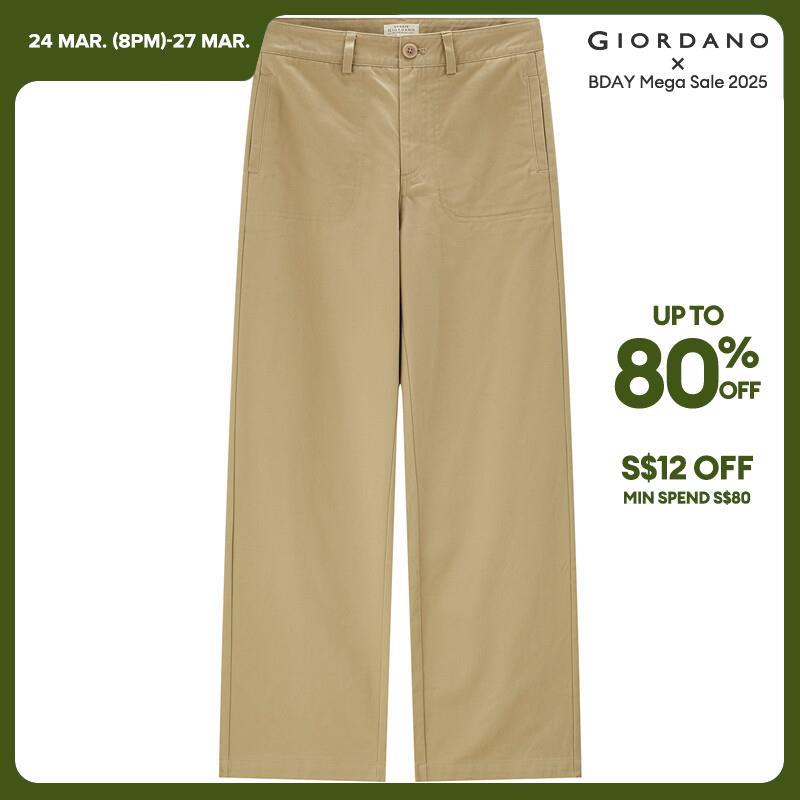 GIORDANO Women Pants Big Pockets Simpple Solid Color Pants 100% Cotton Wide Leg Ankle Length Fashion Casual Pants 05423670 · v2