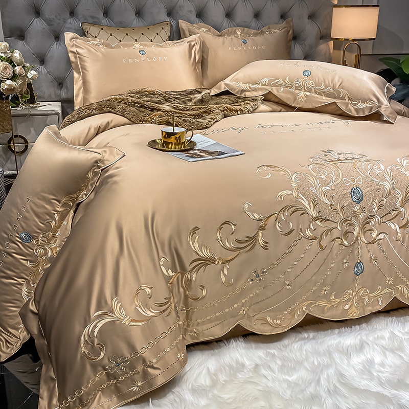 ◇ liaozhe European-Style High-End Embroidery Tencel Four-Piece Set Cotton Bed Sheet Duvet Cover Fitted