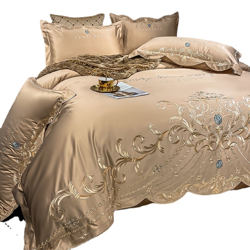 ◇ Liaozhe Set lenzuolo in cotone con ricamo di alta gamma in stile europeo e copripiumino montato in Tencel