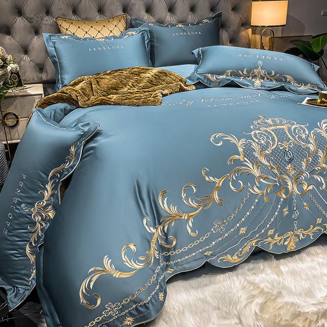 ◇ Liaozhe Set lenzuolo in cotone con ricamo di alta gamma in stile europeo e copripiumino montato in Tencel