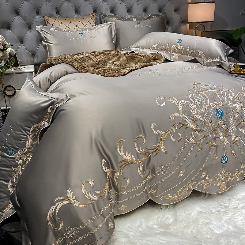 ◇ Liaozhe Set lenzuolo in cotone con ricamo di alta gamma in stile europeo e copripiumino montato in Tencel