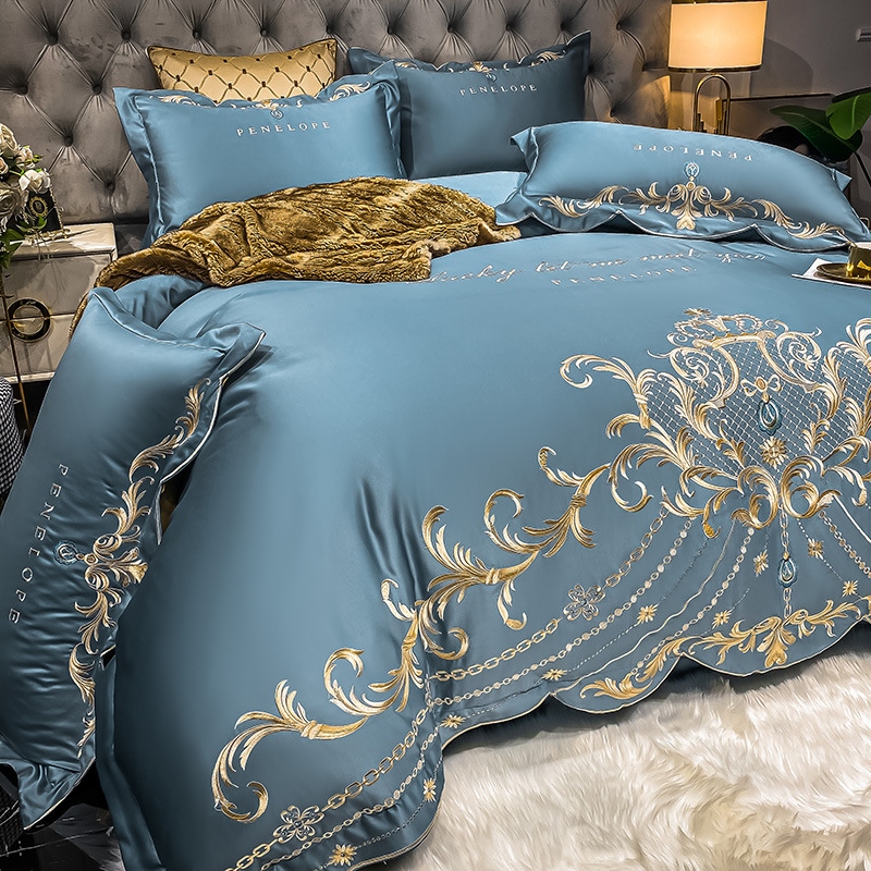 ◇ Liaozhe Set lenzuolo in cotone con ricamo di alta gamma in stile europeo e copripiumino montato in Tencel