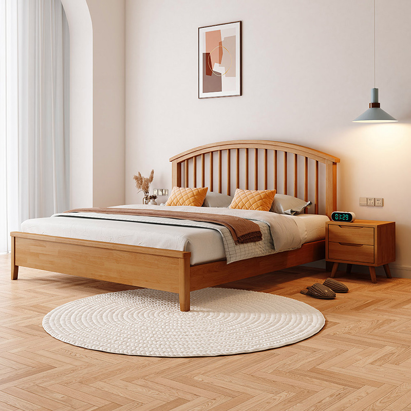 Giường gỗ nguyên khối kiểu kem đơn giản kiểu Bắc Âu đầu tròn 1,5 m, giường Windsor gỗ màu trắng 1,8 m, giường đôi phòng ngủ chính