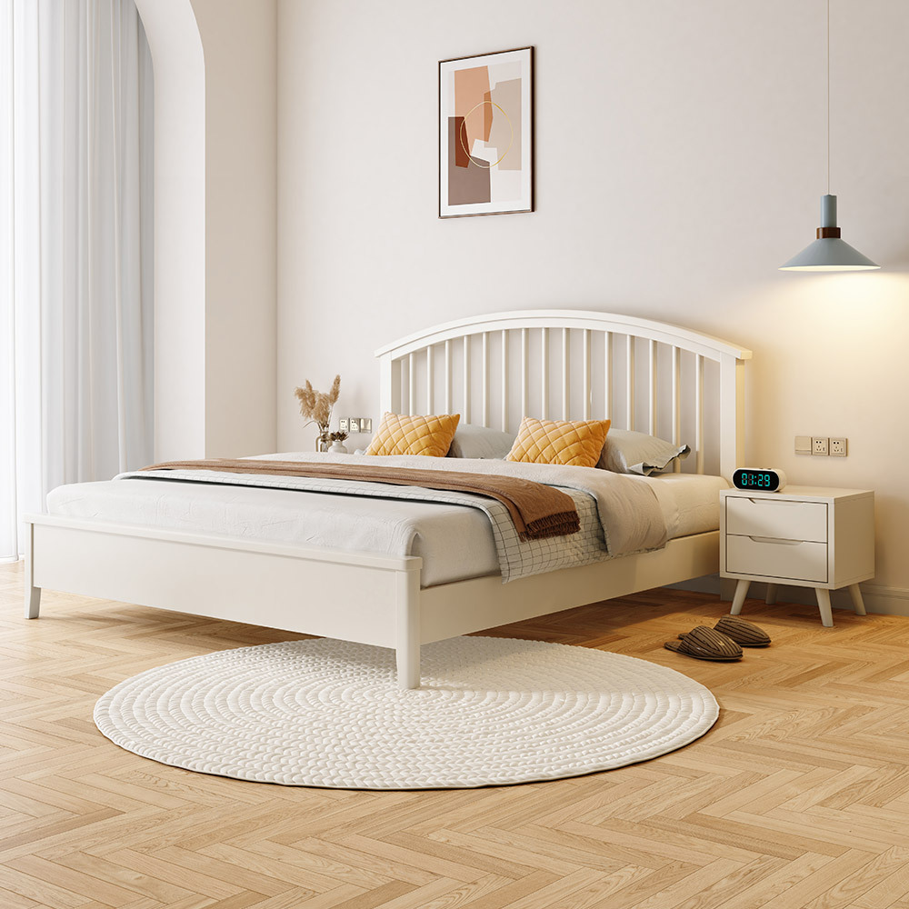 Giường gỗ nguyên khối kiểu kem đơn giản kiểu Bắc Âu đầu tròn 1,5 m, giường Windsor gỗ màu trắng 1,8 m, giường đôi phòng ngủ chính