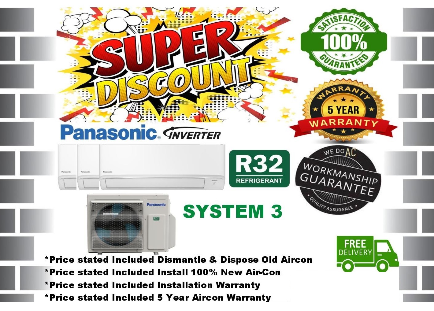 แอร์ Panasonic [R32] ระบบ 3 ถอดล้างฟรี