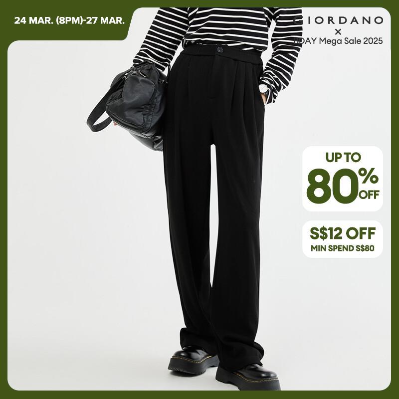 GIORDANO Women Pants Half Elastic Waist Wide Leg Ralaxed Drape Pants Solid Color Simple Fashion Casual Loose Pants 18413916 · v2