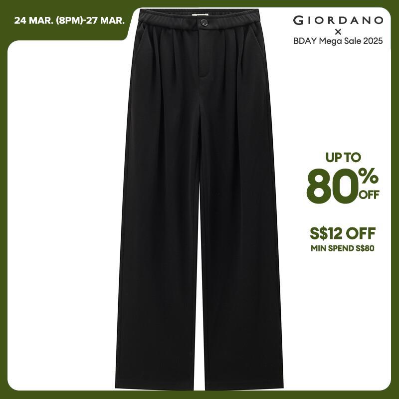 GIORDANO Women Pants Half Elastic Waist Wide Leg Ralaxed Drape Pants Solid Color Simple Fashion Casual Loose Pants 18413916 · v2