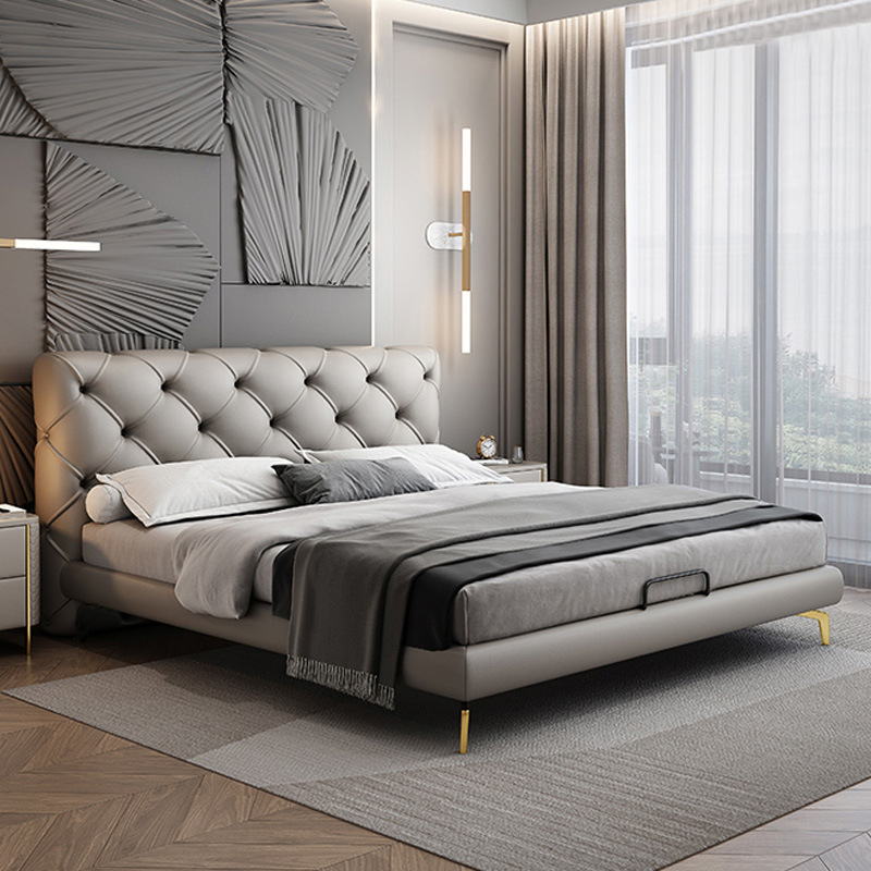 Italian Minimalist Leather Bed Modern Simple and Light Luxury Advanced Bed Master Bedroom Double Bed 1.8 M High End Atmosphere Marriage Bed · v3