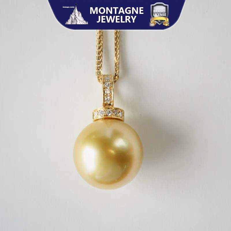 Montagne Jewelry สร้อยคอทองคำบริสุทธิ์ 18k สำหรับผู้หญิง จี้ไข่มุกทะเลใต้แท้ 12-13 มม.