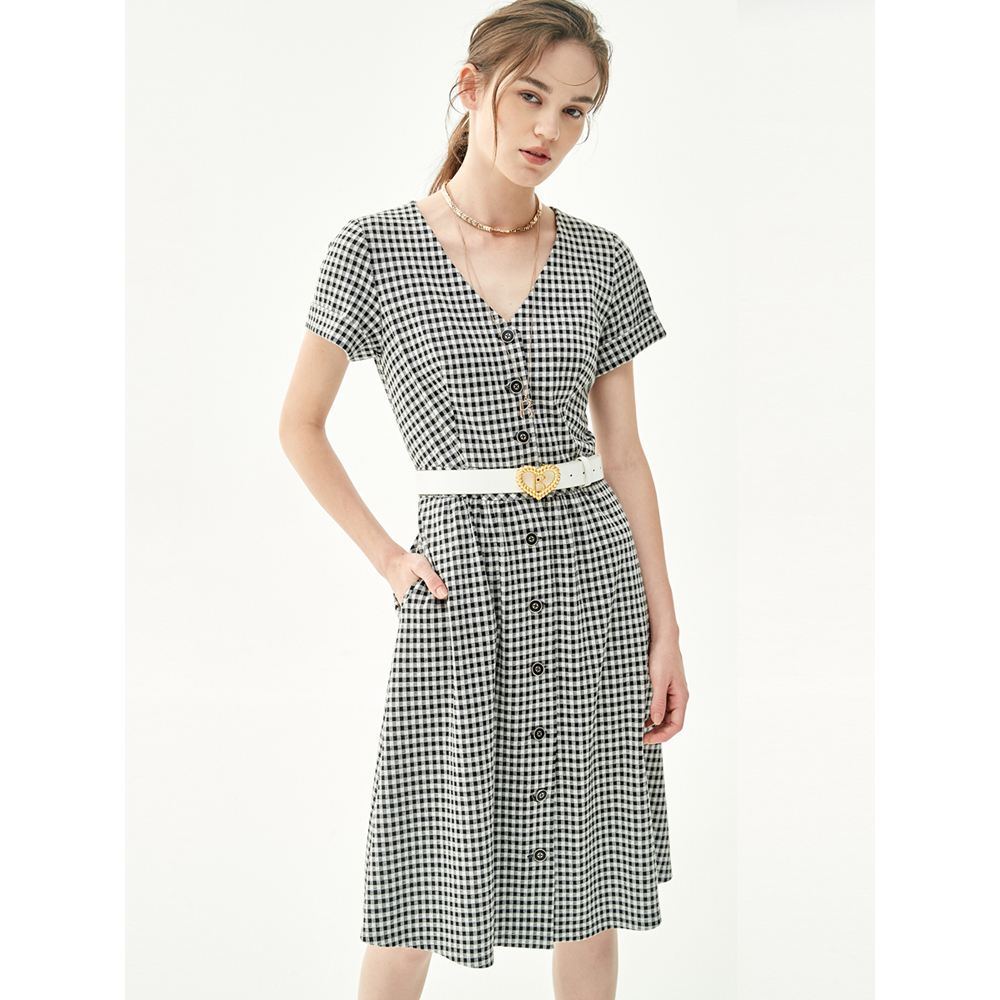 iROO Fashion Women Short Sleeves Plaid V-Neck Dress · v4