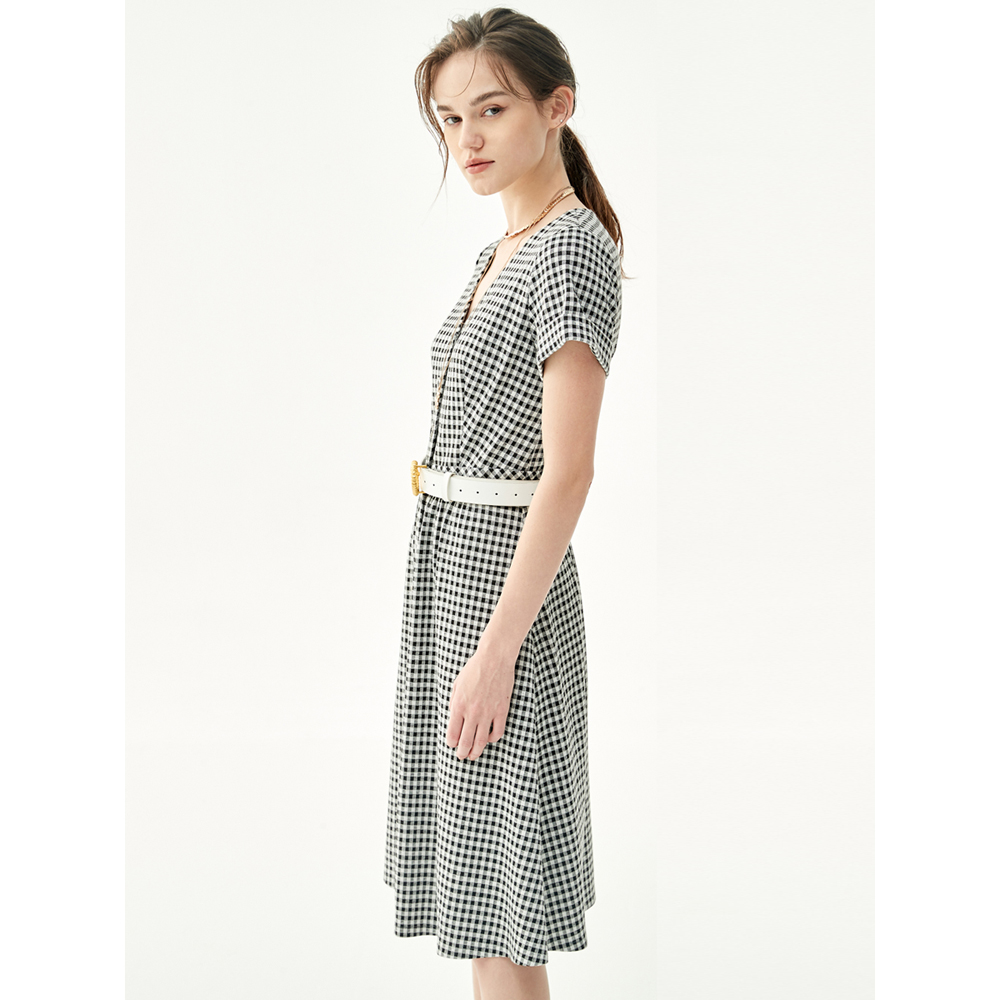 iROO Fashion Women Short Sleeves Plaid V-Neck Dress · v4
