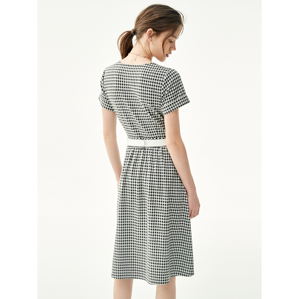iROO Fashion Women Short Sleeves Plaid V-Neck Dress · v4