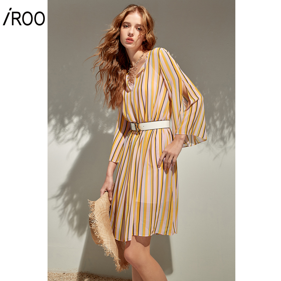 iROO Fashion Women Summer Stripe Print Chiffon Dress · v3