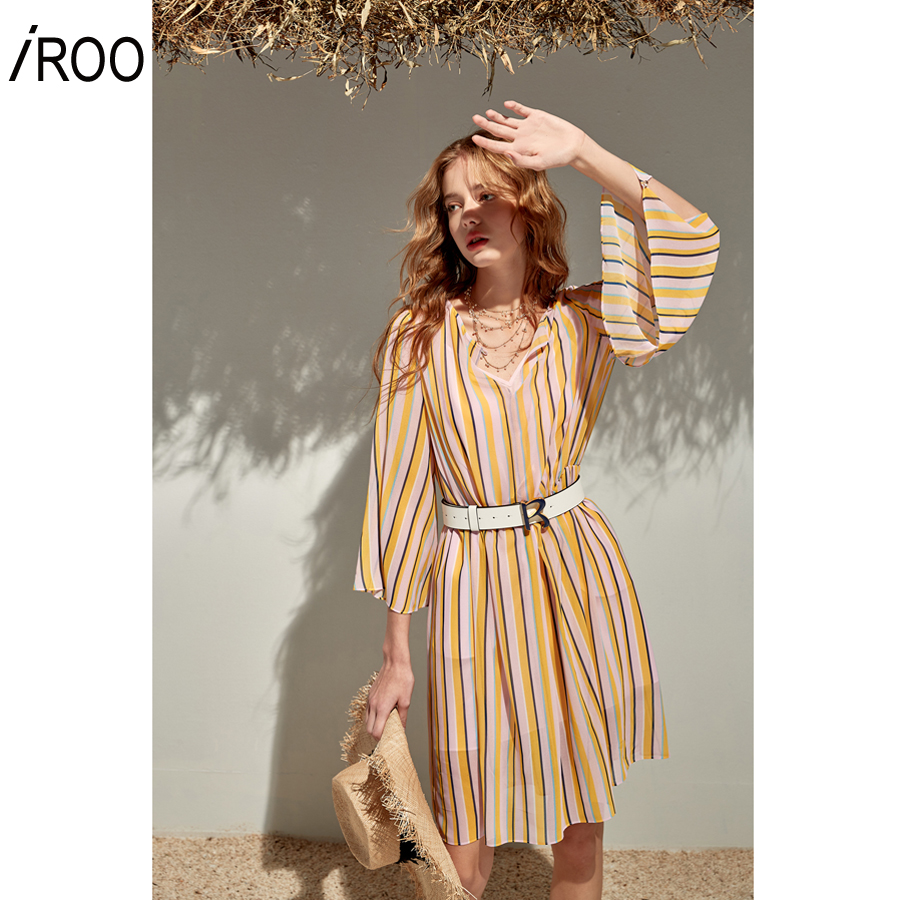 iROO Fashion Women Summer Stripe Print Chiffon Dress · v3