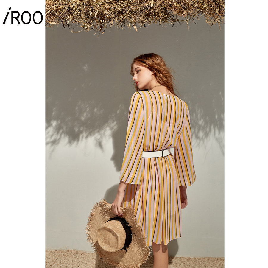 iROO Fashion Women Summer Stripe Print Chiffon Dress · v3