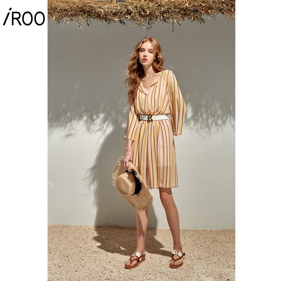 iROO Fashion Women Summer Stripe Print Chiffon Dress · v3