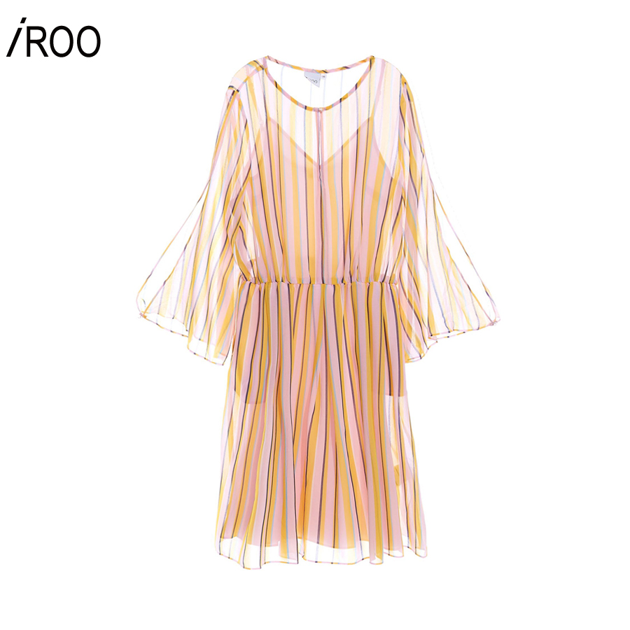 iROO Fashion Women Summer Stripe Print Chiffon Dress · v3