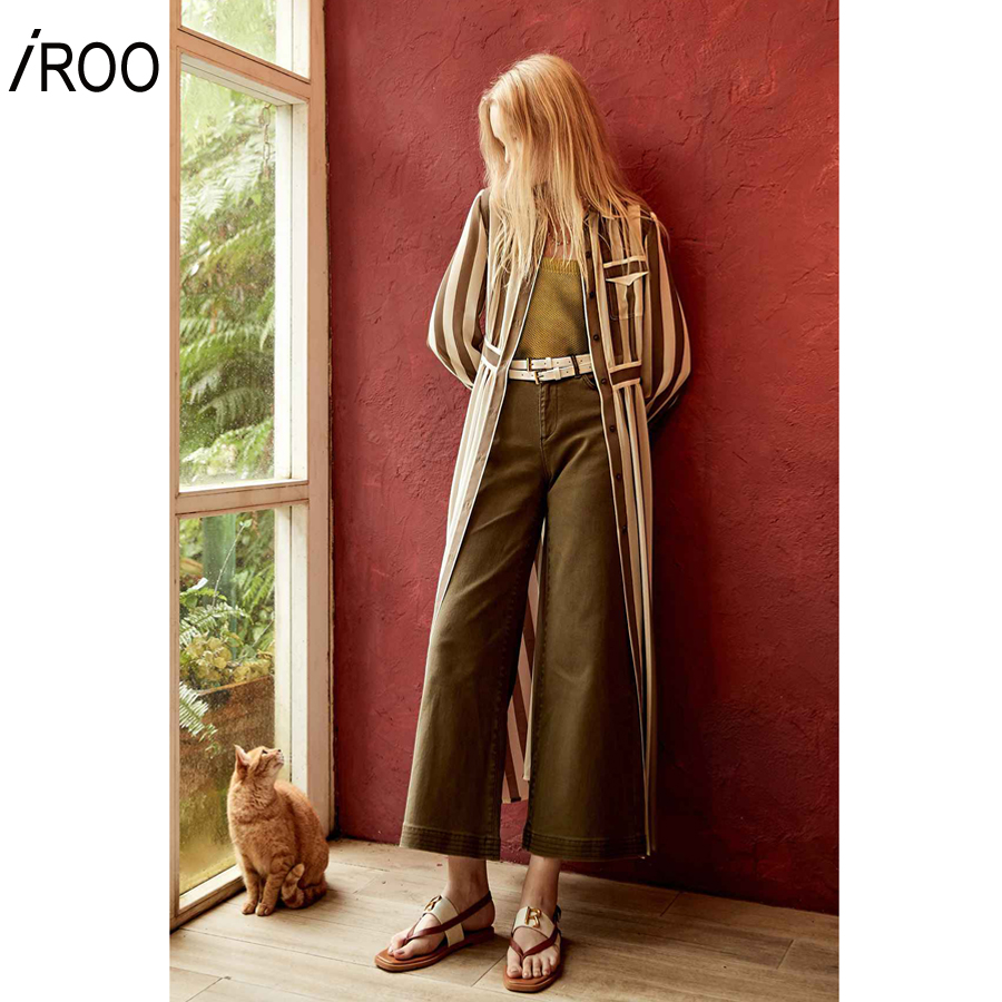 iROO Fashion Women Green Stripes Midi Shirt Dress · v4