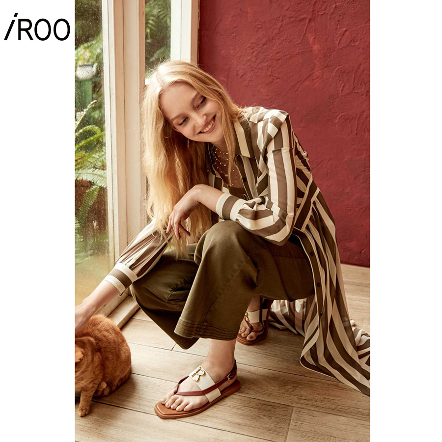 iROO Fashion Women Green Stripes Midi Shirt Dress · v4