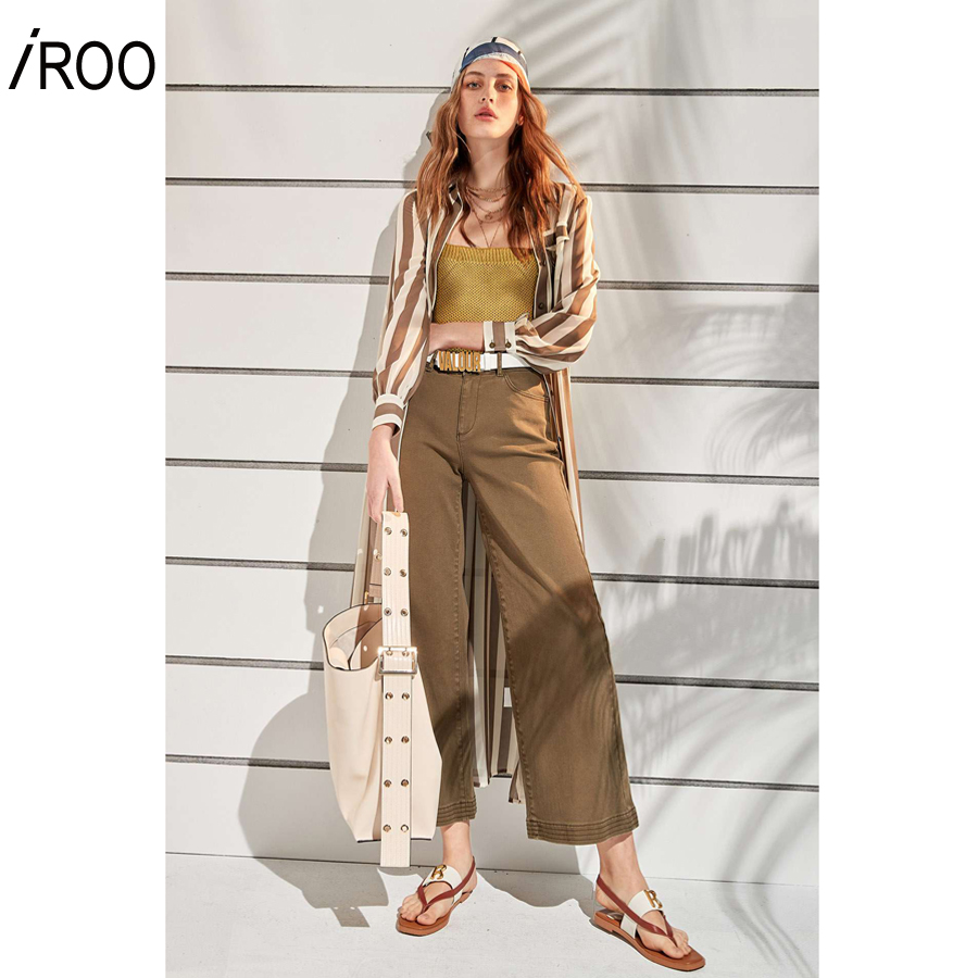 iROO Fashion Women Green Stripes Midi Shirt Dress · v4