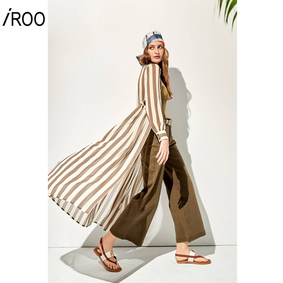 iROO Fashion Women Green Stripes Midi Shirt Dress · v4