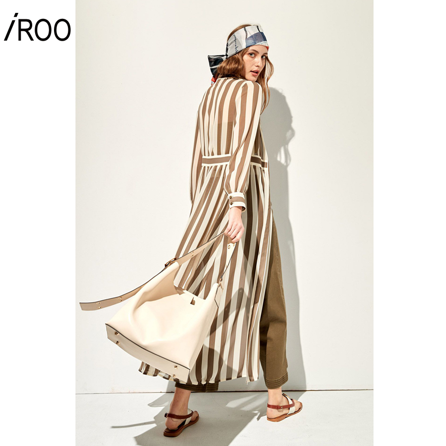 iROO Fashion Women Green Stripes Midi Shirt Dress · v4