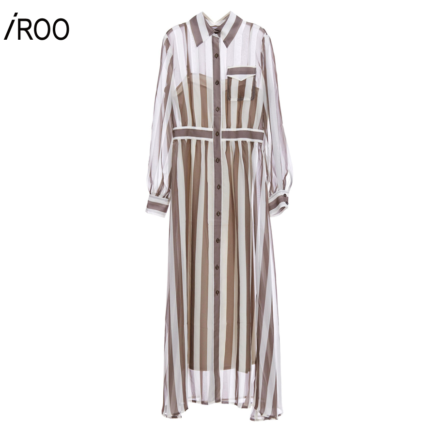 iROO Fashion Women Green Stripes Midi Shirt Dress · v4