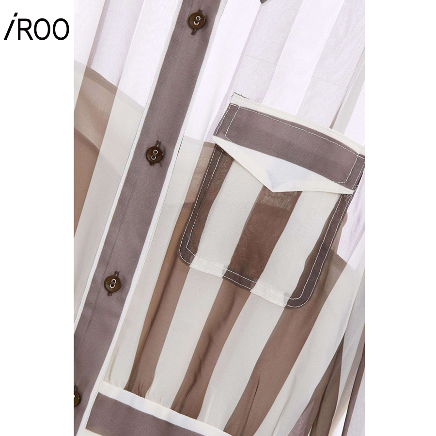 iROO Fashion Women Green Stripes Midi Shirt Dress · v4