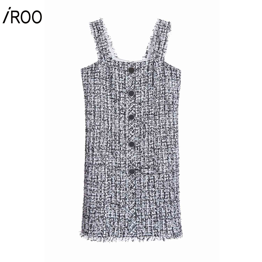 Iroo Fashion Ärmelloses, tailliertes, kurzes Tweedkleid für Damen